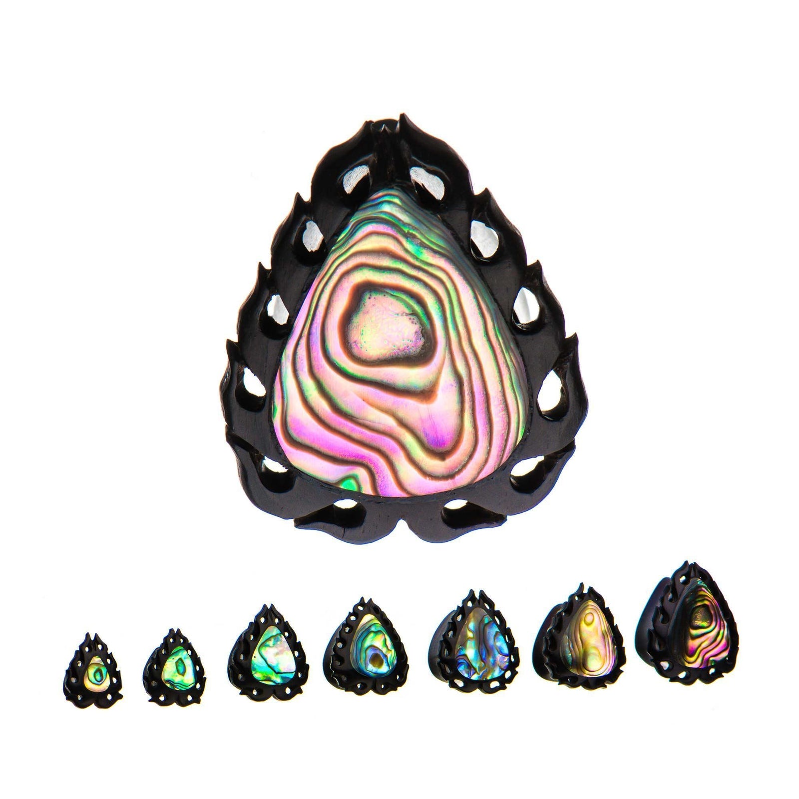 Flaming Teardrop Iron Wood Teardrop Double Flared Ear Gauge Plugs Abalone shell - 1 Pair