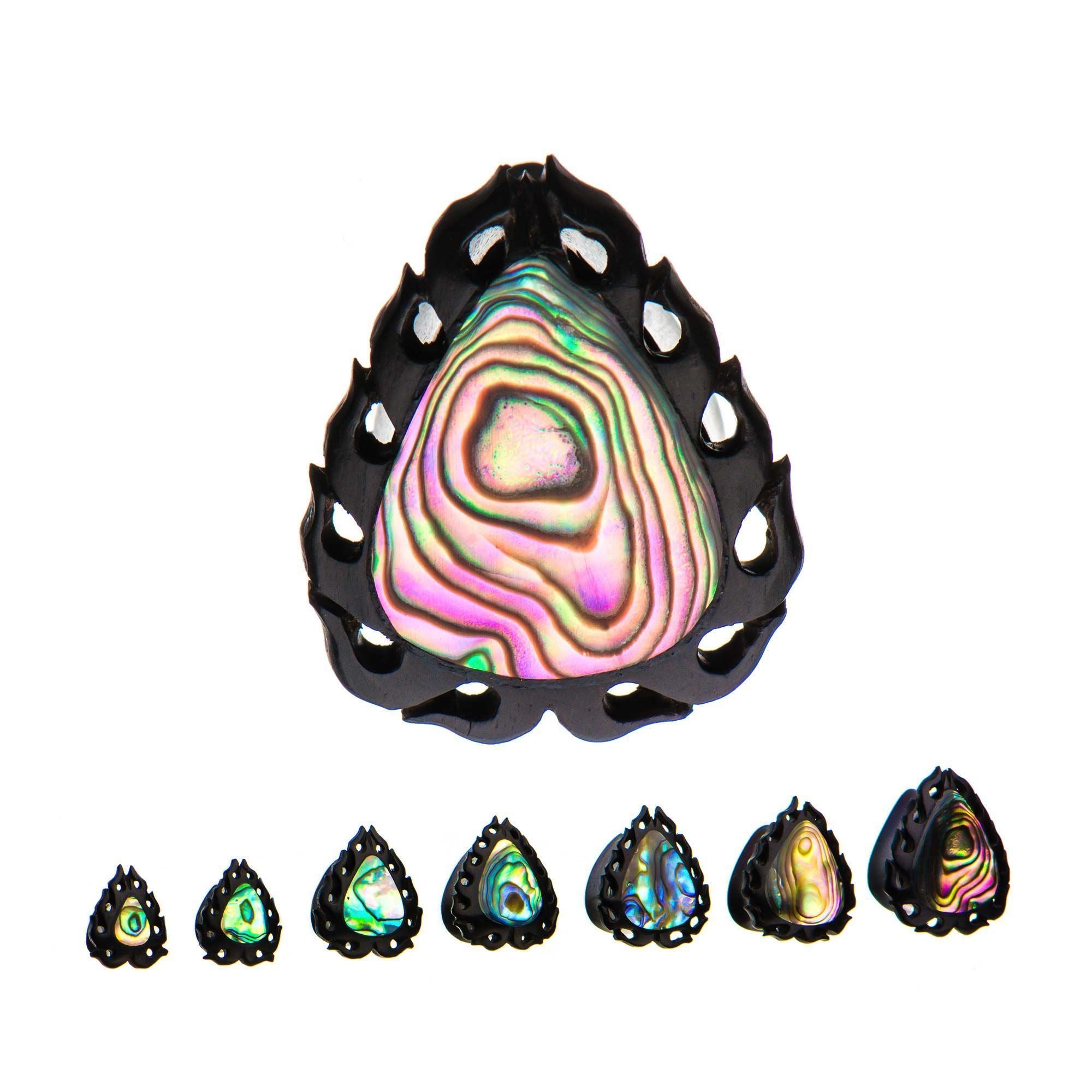 Flaming Teardrop Iron Wood Teardrop Plugs w/ Abalone shell - 1 Pair sbvwpl477