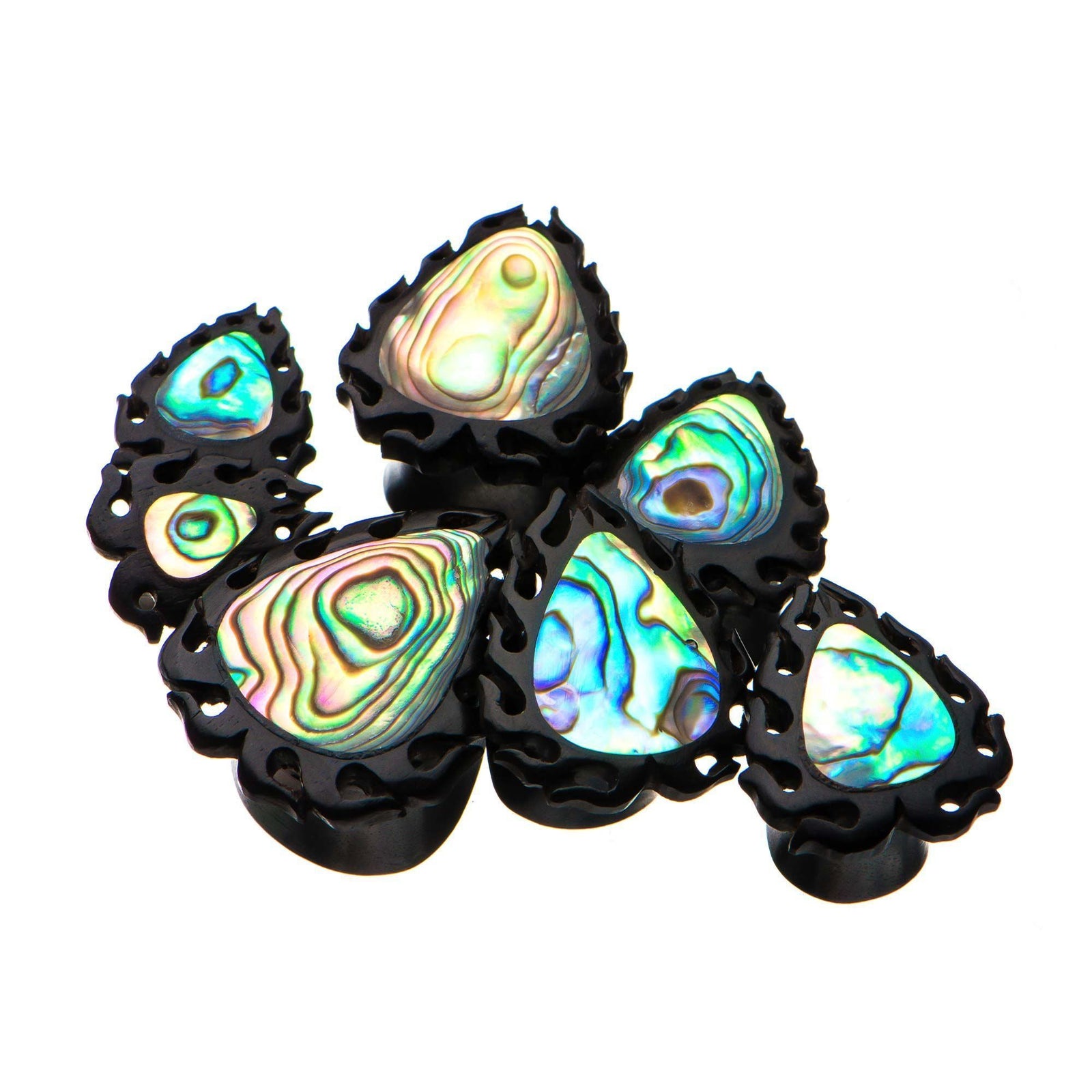 Flaming Teardrop Iron Wood Teardrop Double Flared Ear Gauge Plugs Abalone shell - 1 Pair