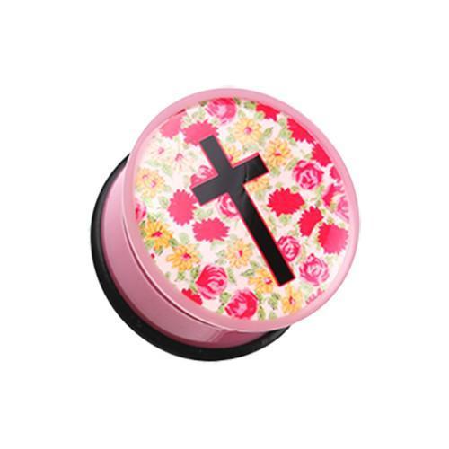 Floral Cosmic Cross Single Flared Ear Gauge Plug - 1 Pair