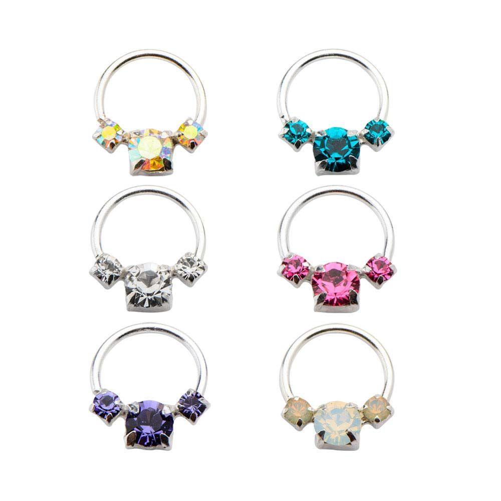 Forward Facing 3 Gem Sterling Silver Bendable Split Ring - 1 Piece