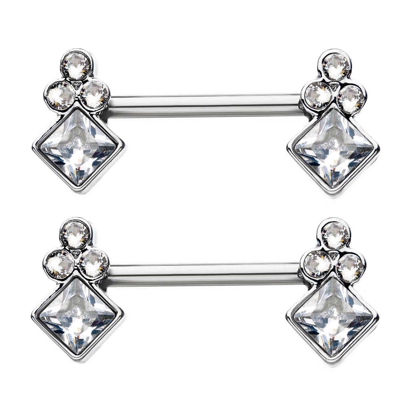 TBD-Nipple Front Facing Diamond Shape Clear CZ Gem Nipple Barbell Three Rounded Accent CZ Clear Gem Top -Rebel Bod-RebelBod