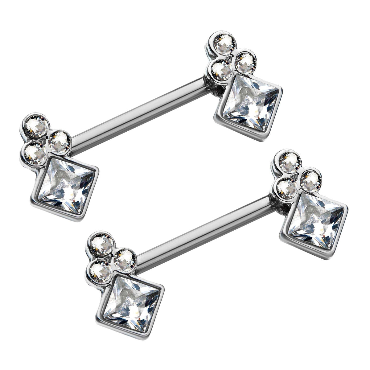 TBD-Nipple Front Facing Diamond Shape Clear CZ Gem Nipple Barbell Three Rounded Accent CZ Clear Gem Top -Rebel Bod-RebelBod