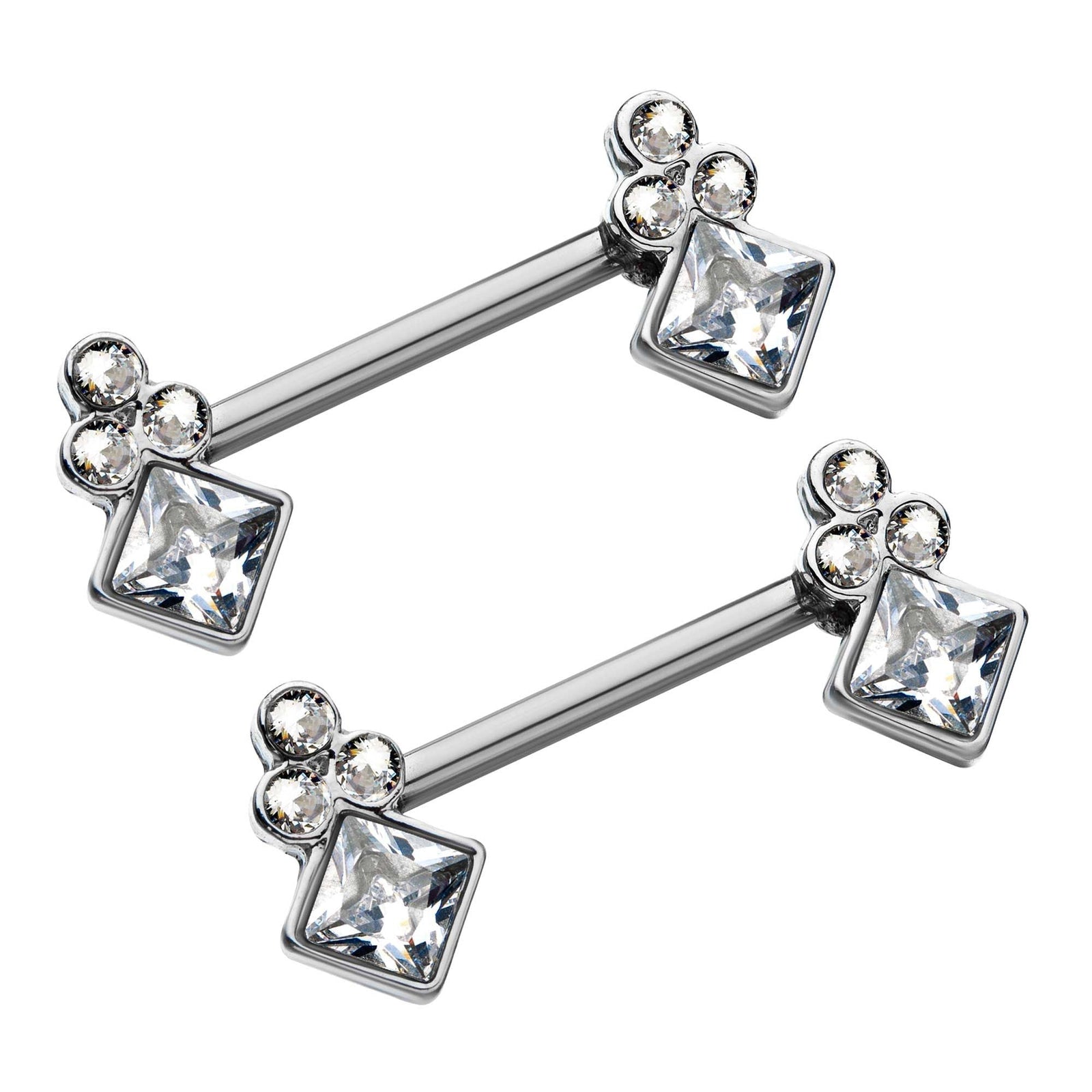 TBD-Nipple Front Facing Diamond Shape Clear CZ Gem Nipple Barbell Three Rounded Accent CZ Clear Gem Top -Rebel Bod-RebelBod