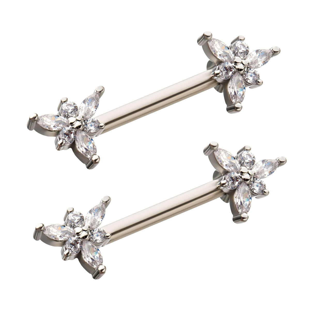 TBD-Nipple Front Facing Flower Clear Gem Nipple Barbell -Rebel Bod-RebelBod