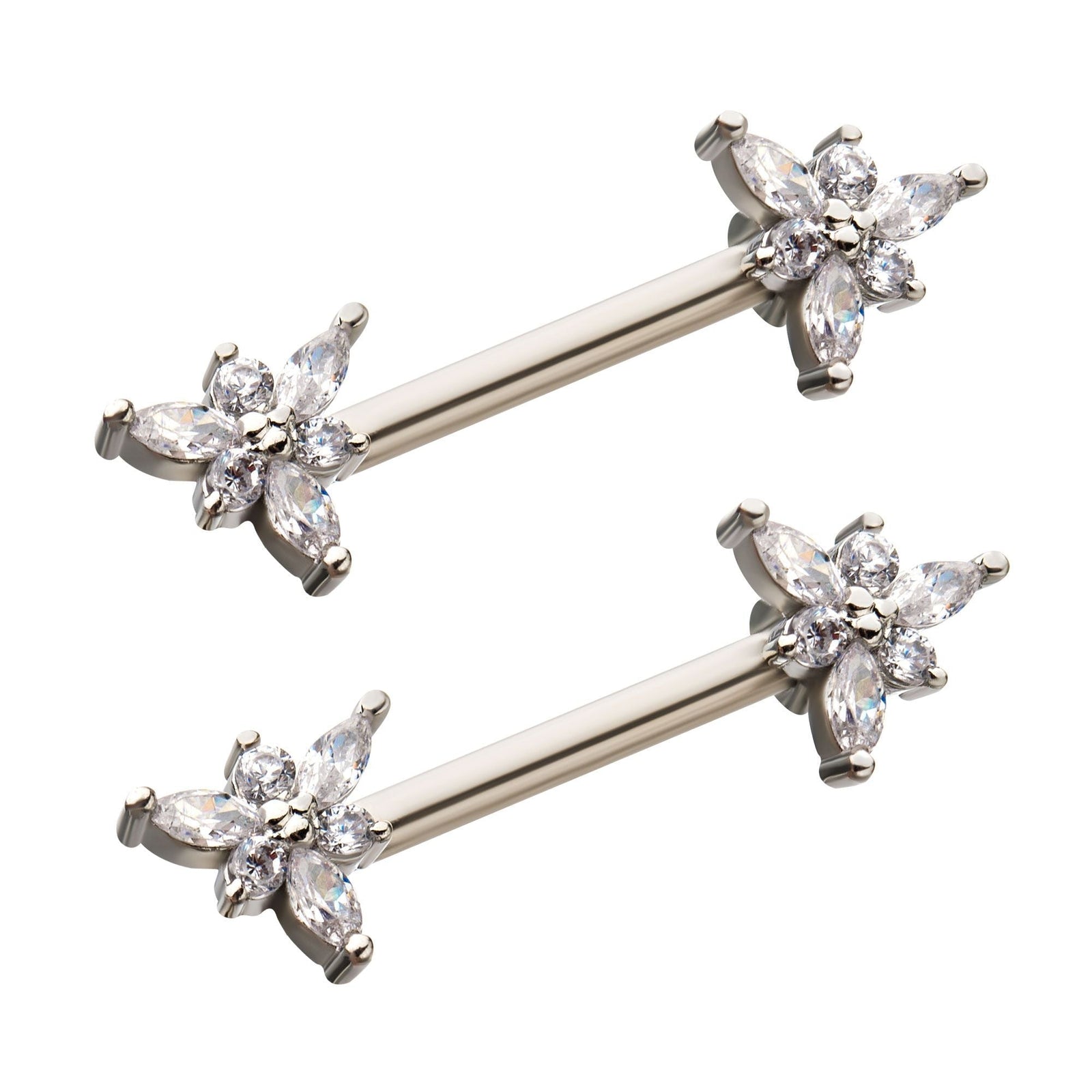 TBD-Nipple Front Facing Flower Clear Gem Nipple Barbell -Rebel Bod-RebelBod