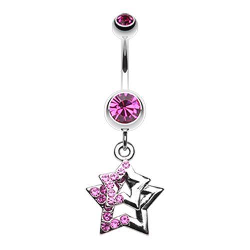 Fuchsia Double Hollow Star Gem Dangle Belly Button Ring