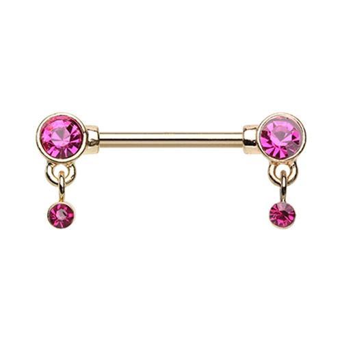 Fuchsia Golden Bezel Dangle Drop Nipple Barbell - 1 Piece