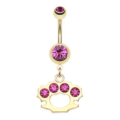 Fuchsia Golden Brass Knuckle Sparkle Dangle Belly Ring Rebel Bod