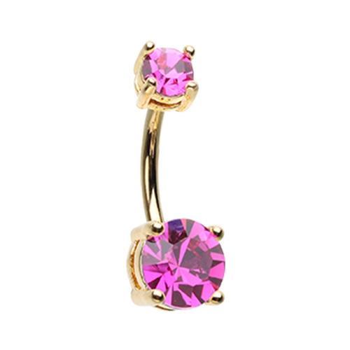 Fuchsia Golden Brilliant Sparkle Gem Prong Set Belly Button Ring