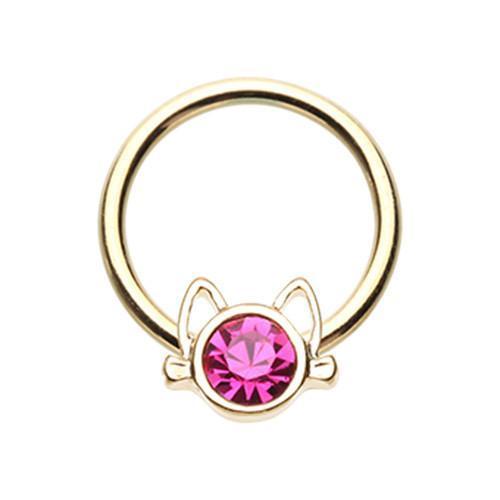 Fuchsia Golden Kitty Cat Head Captive Bead Ring