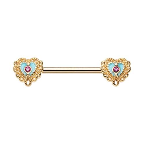 Fuchsia Golden Victorian Filigree Heart Nipple Barbell - 1 Piece