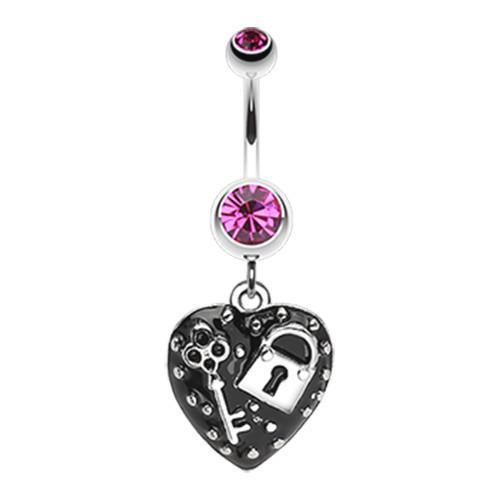 Fuchsia Lock Key on Black Heart Dangle Belly Button Ring
