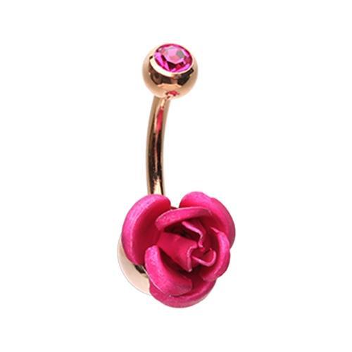 Fuchsia Rose Gold Bright Metal Rose Blossom Belly Button Ring