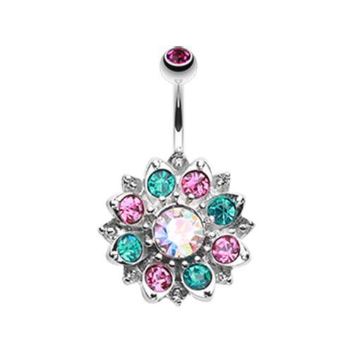 Fuchsia/Teal Gleaming Lotus Sparkle Flower Belly Button Ring