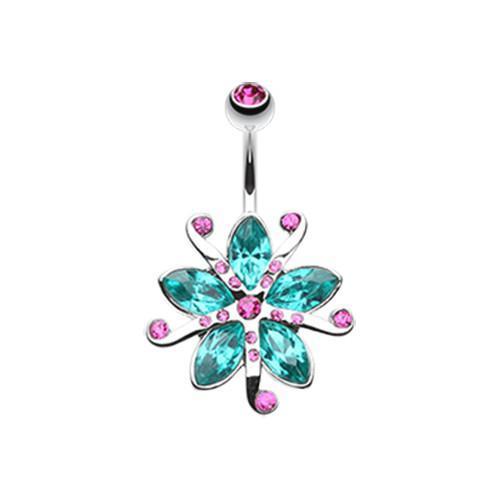 Fuchsia/Teal Glistening Lily Blossome Flower Belly Button Ring