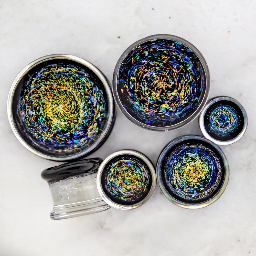 Plugs Earrings - Double Flare Galaxy Dichro Glass Plug Orange Blue - 1 Piece -Rebel Bod-RebelBod