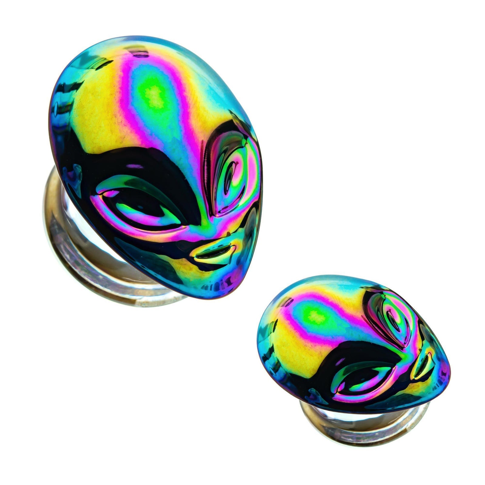 Double Flared Ear Gauge Plugs Oil Slick Coating Alien Skull Head - 1 Pair