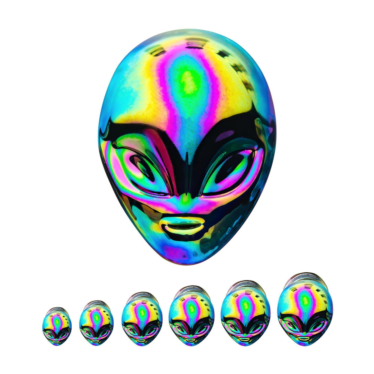 Double Flared Ear Gauge Plugs Oil Slick Coating Alien Skull Head - 1 Pair