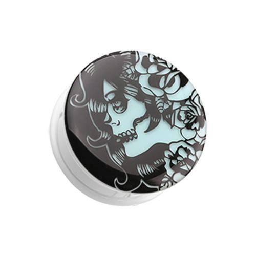 Glow in the Dark Day of the Dead Lady Single Flared Ear Gauge Plug - 1 Pair