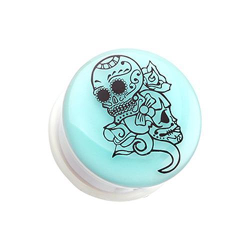 Glow in the Dark Floral Sugar Skull Single Flared Ear Gauge Plug - 1 Pair