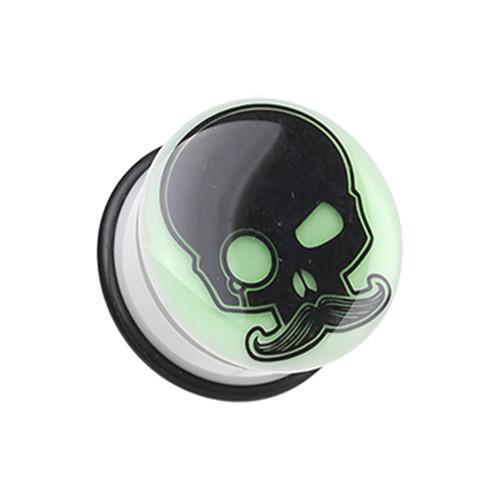 Glow in the Dark Skull Mustache Single Flared Ear Gauge Plug - 1 Pair