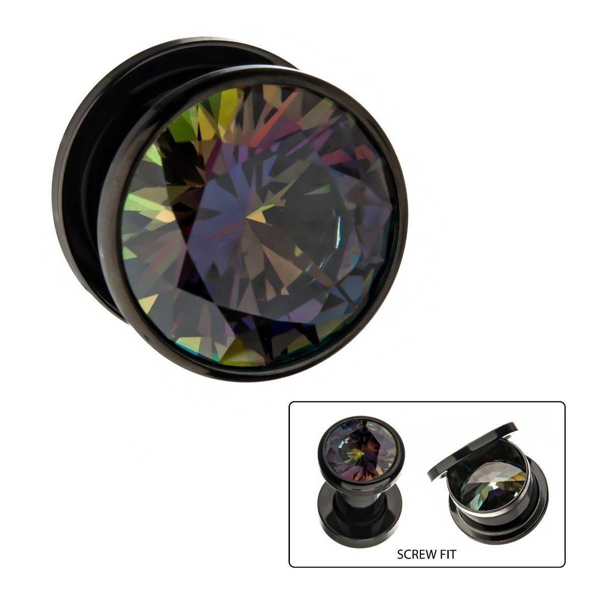 Gold and Blue CZ Black Plated Double Flared Ear Gauge Plugs - 1 Pair