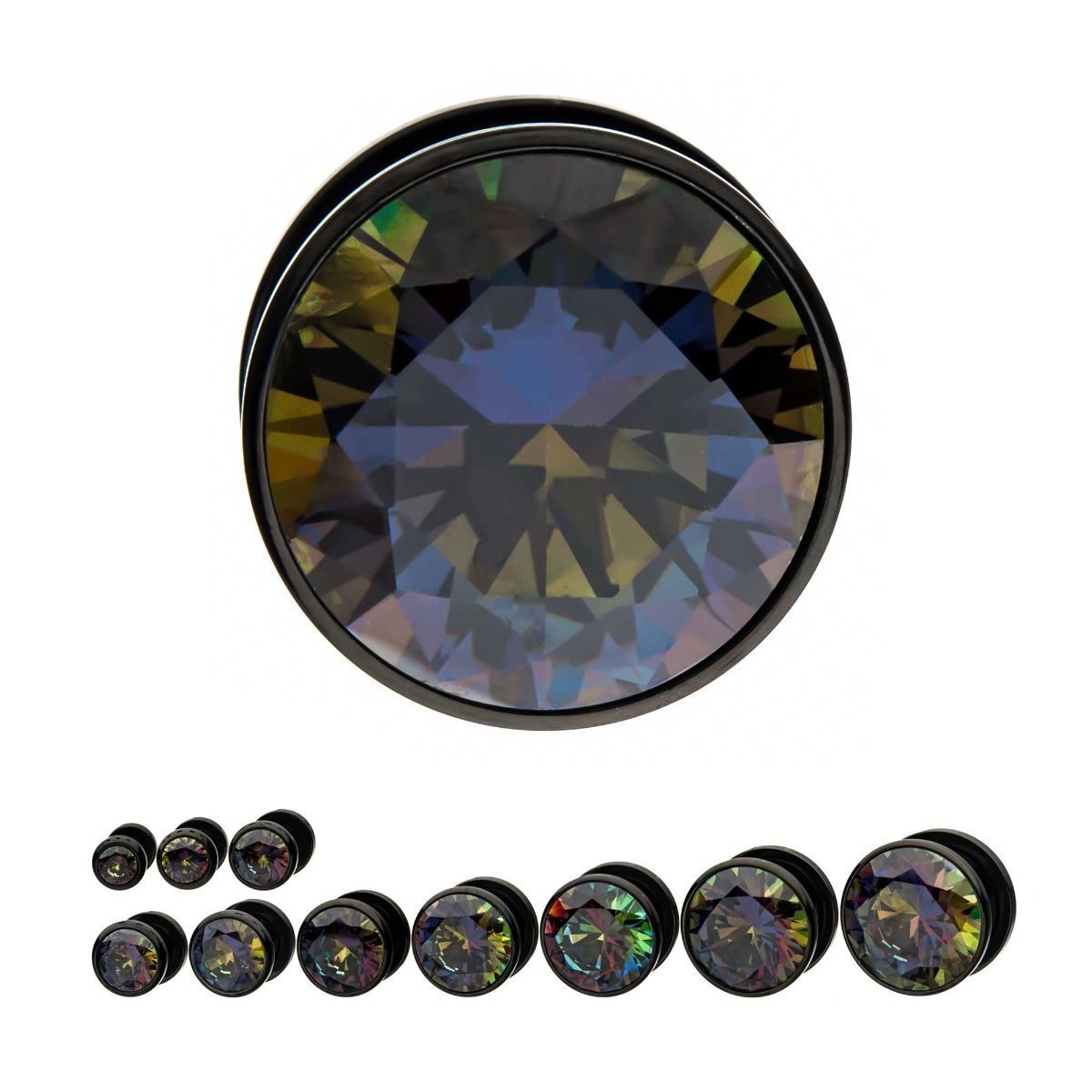 Gold and Blue CZ Black Plated Double Flared Ear Gauge Plugs - 1 Pair