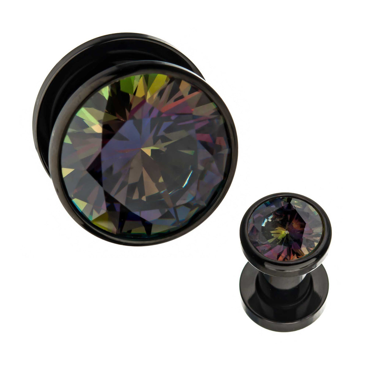 Gold and Blue CZ Black Plated Double Flared Ear Gauge Plugs - 1 Pair