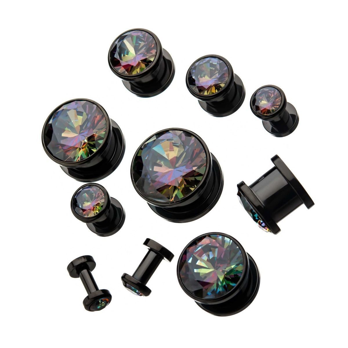 Gold and Blue CZ Black Plated Double Flared Ear Gauge Plugs - 1 Pair