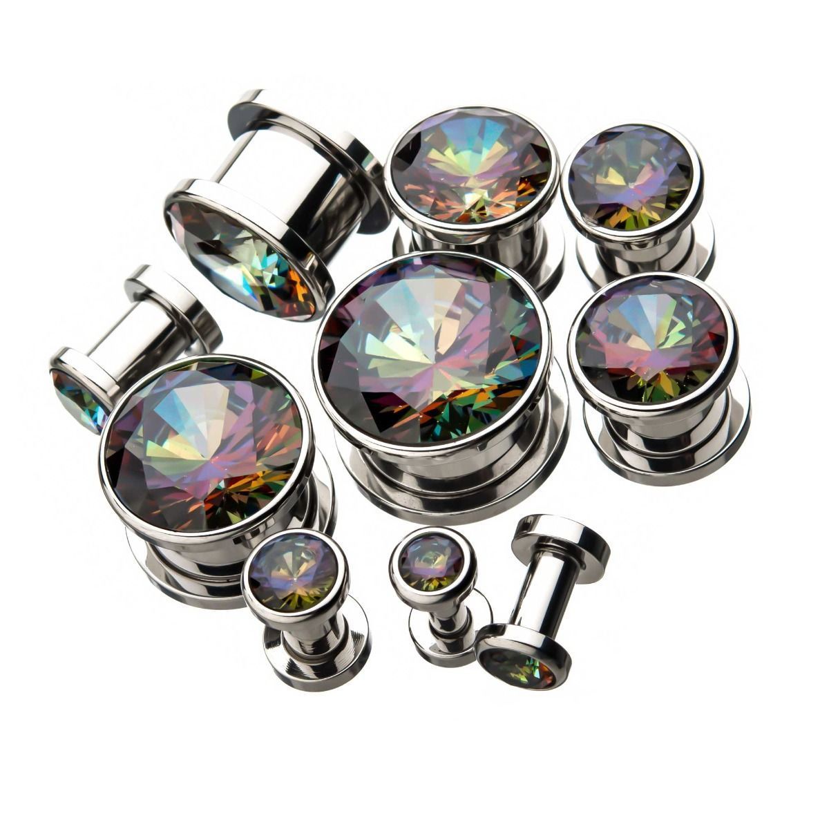 Gold and Blue CZ Double Flared Ear Gauge Plugs - 1 Pair