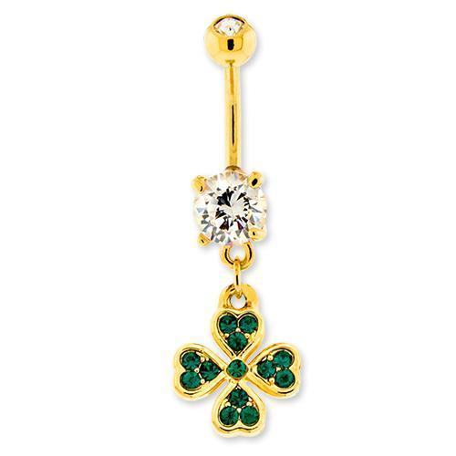 Gold Gemmed 4 Leaf Clover Belly Ring - 1 Piece