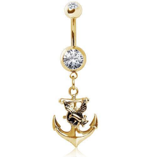 Gold Plated 316L Gemmed Navel Ring w/ Anchor and Seagull Dangle
