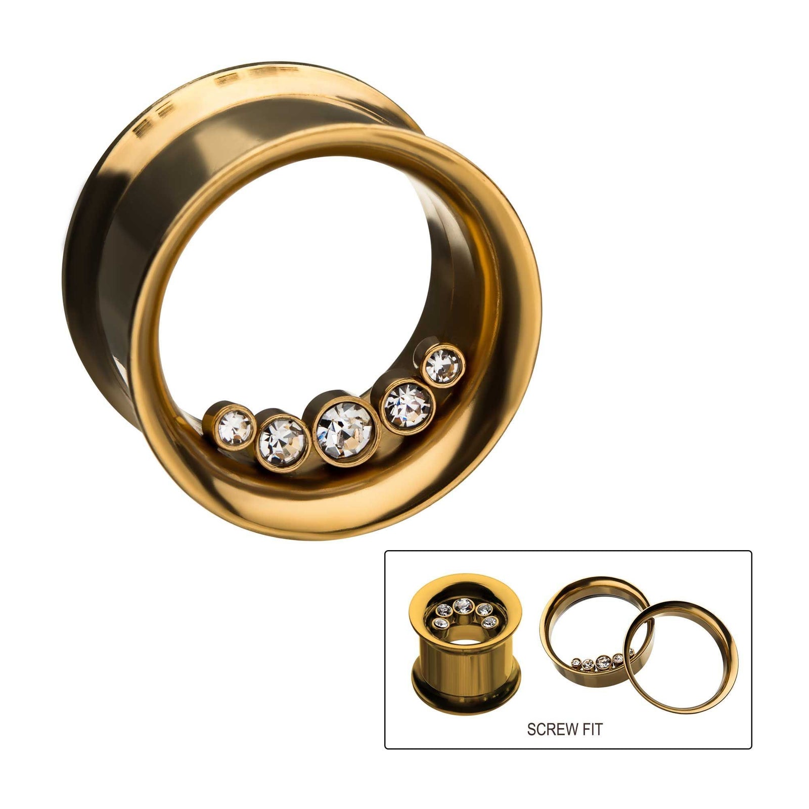 Gold Plated 5 Bezel Clear Gems On Inner Wearable of Double Flared Ear Gauge Tunnel Plugs - 1 Pair