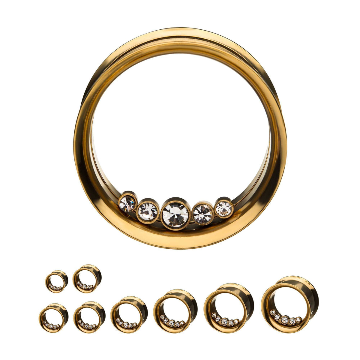 Gold Plated 5 Bezel Clear Gems On Inner Wearable of Double Flared Ear Gauge Tunnel Plugs - 1 Pair