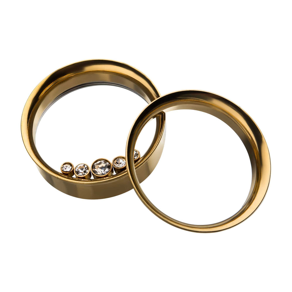 Gold Plated 5 Bezel Clear Gems On Inner Wearable of Double Flared Ear Gauge Tunnel Plugs - 1 Pair