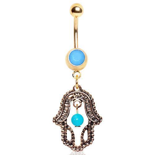 Gold Plated Antique Hamsa and Turquoise Dangle Navel Ring