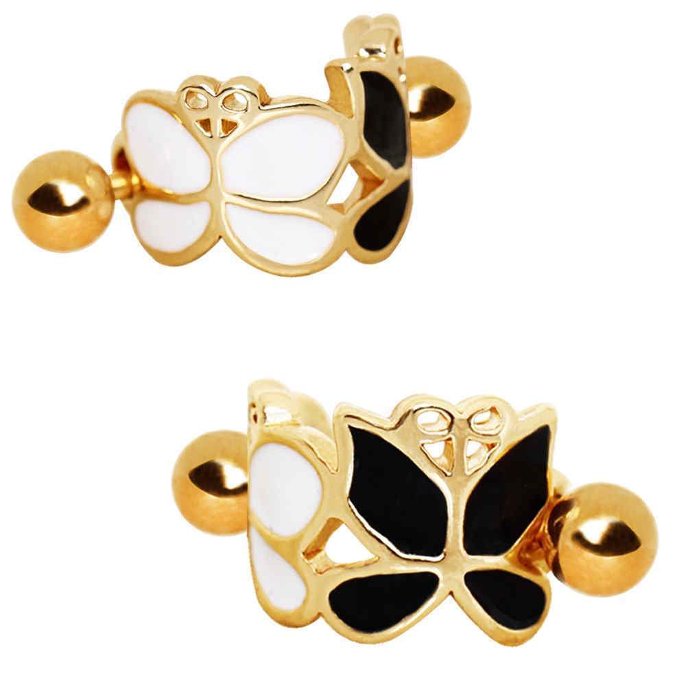 Gold Plated Black and White Butterfly Cartilage Ear Cuff - 1 Piece