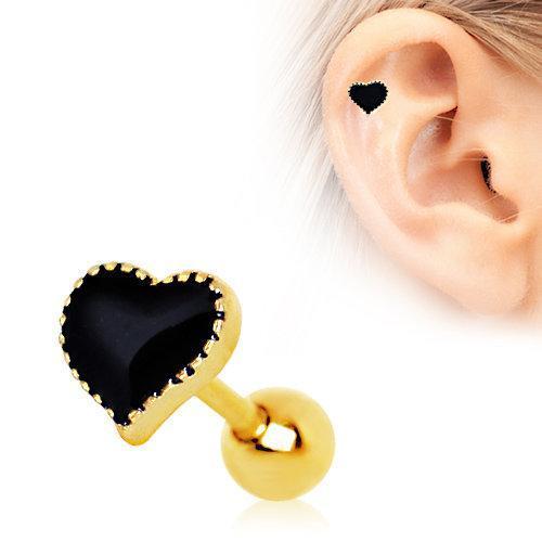 Gold Plated Black Heart Cartilage Barbell Earring - 1 Piece
