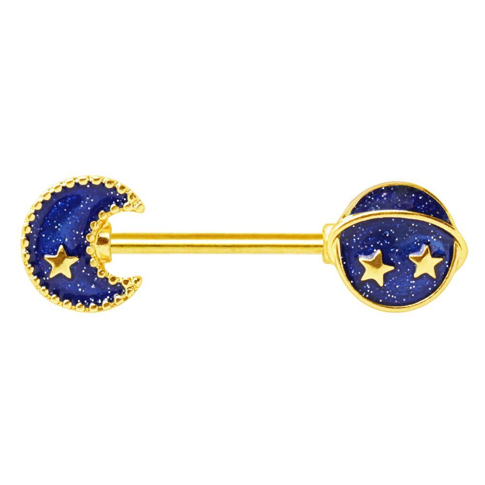 Gold Plated Blue Galaxy Stardust Nipple Bar - 1 Piece