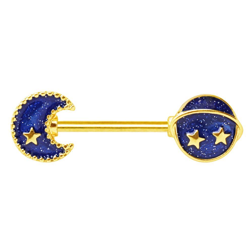 Gold Blue Galaxy Stardust Nipple Barbell - 1 Piece
