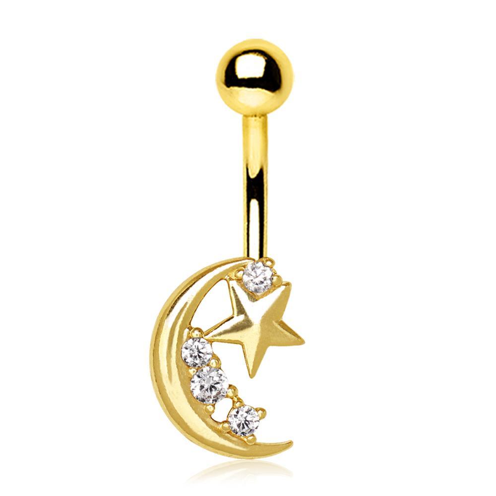 Gold Plated Crescent Moon Shinning Star Navel Ring