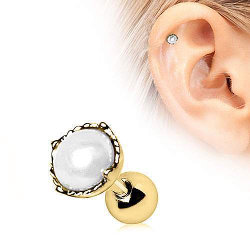 Gold Plated Crown Pearl Cartilage Barbell Earring - 1 Piece