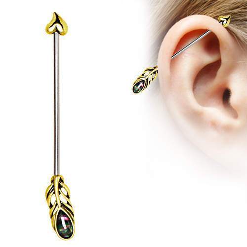 Gold Plated Cupid Arrow Industrial Barbell w/ Abalone - 1 Piece