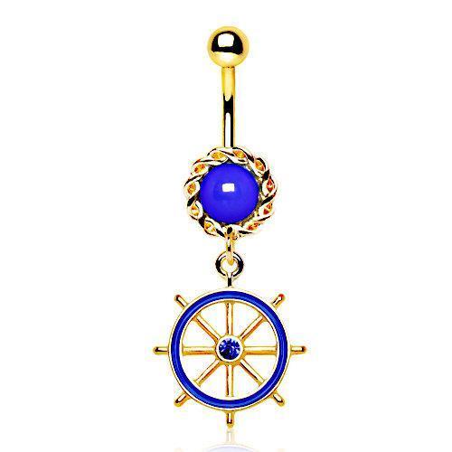 Gold Plated Deep Blue Ship Wheel Dangle Navel Ring