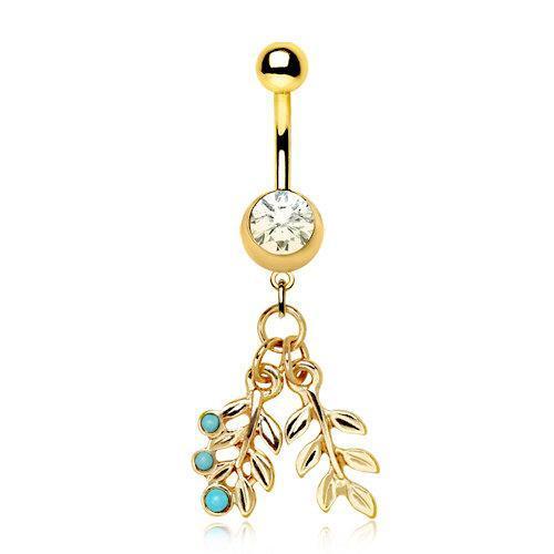 Gold Plated Double Leaf w/ Turquoise Dangle Navel Ring