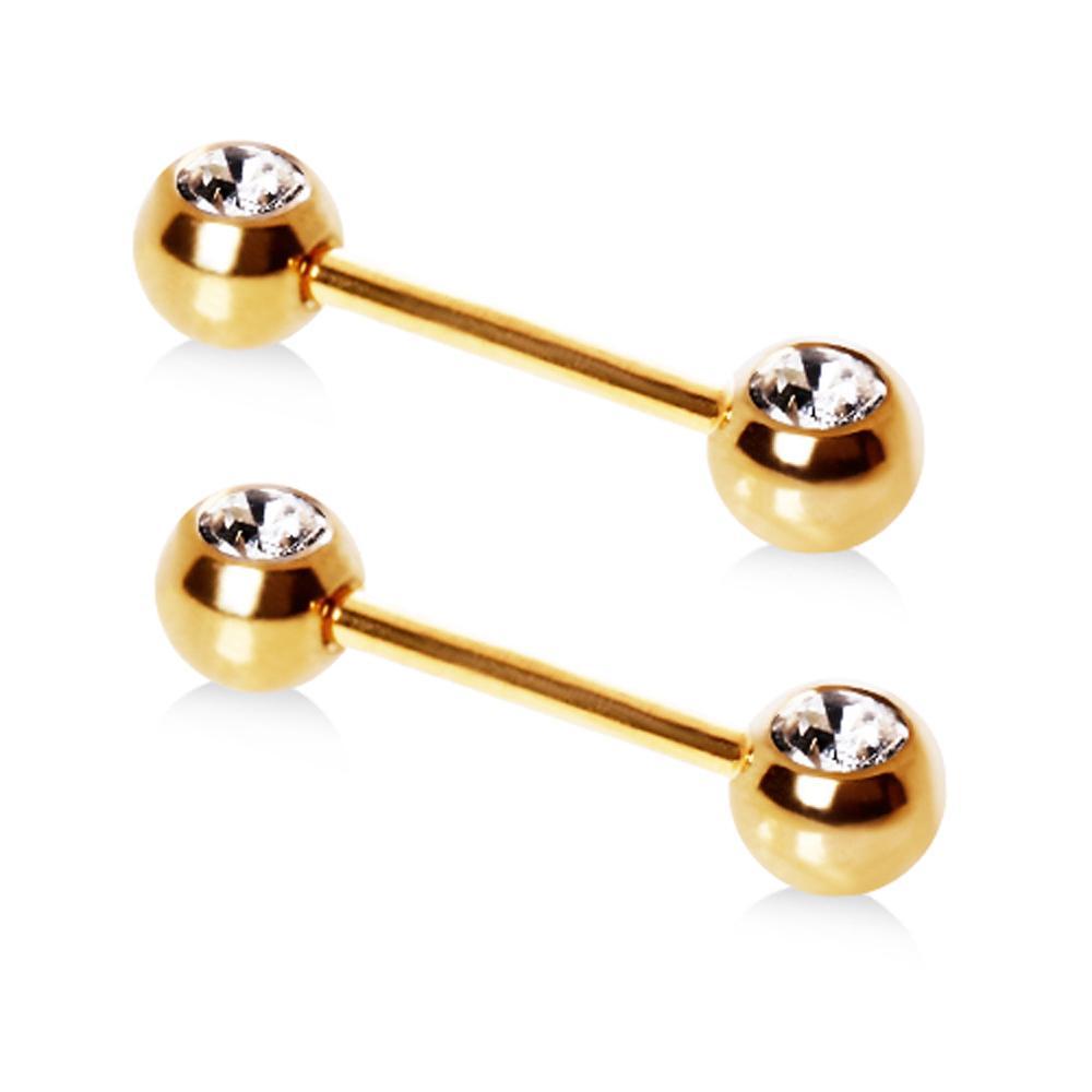 Gold Plated Front Facing Gemmed Nipple Bar - 1 Piece