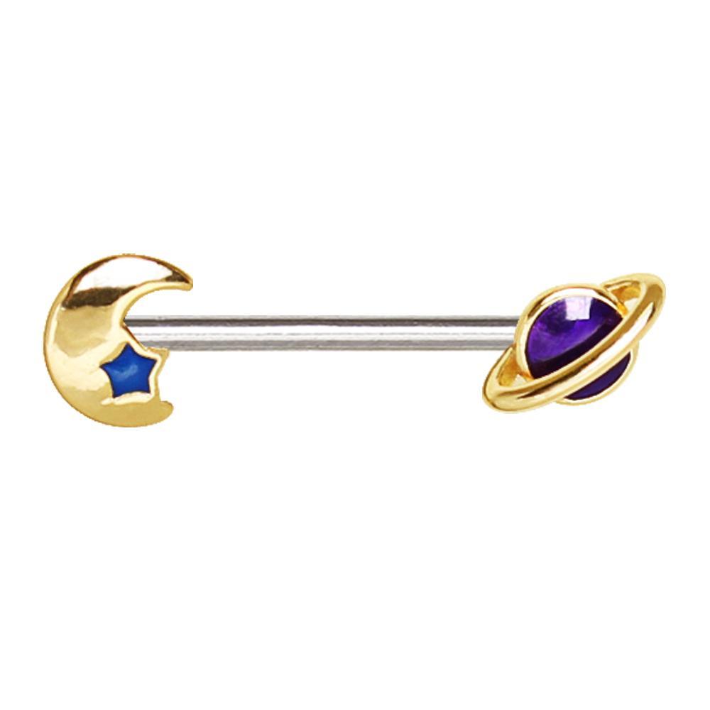 Gold Galaxy Planet Moon Nipple Barbell - 1 Piece