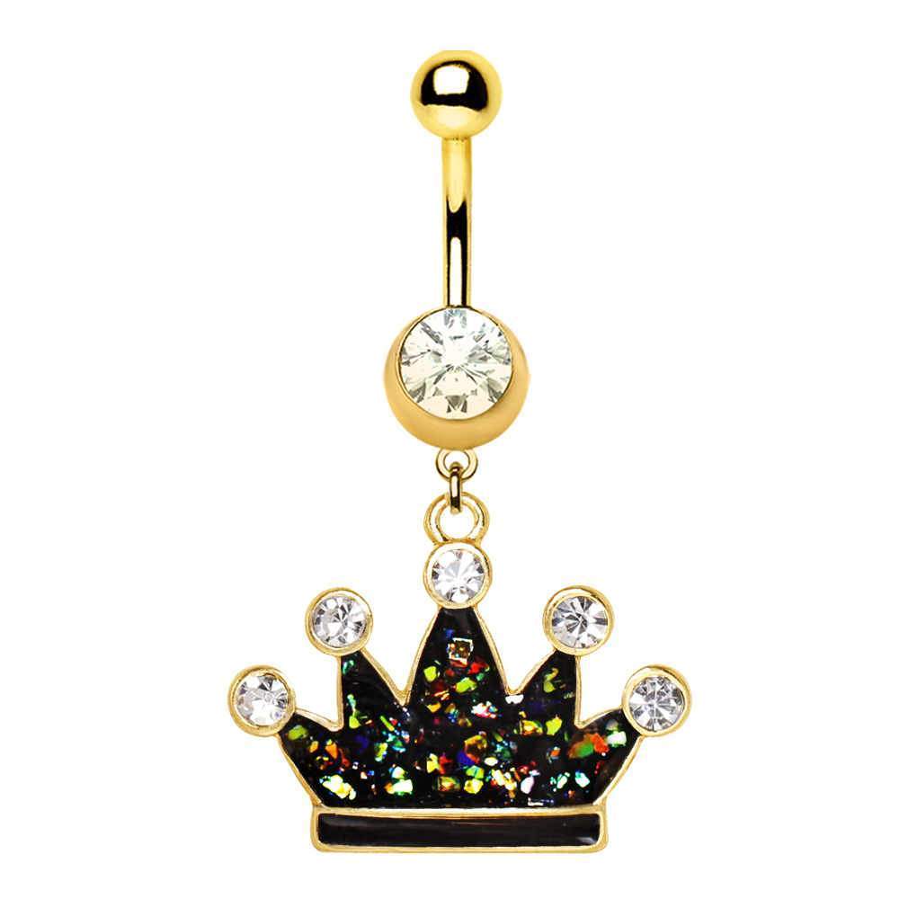 Gold Plated Glitter Epoxy Crown Dangle Navel Ring