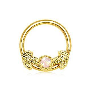 Gold Plated Golden Leaf and Opal Seamless Ring / Septum Ring Bendable Ring - 1 Piece